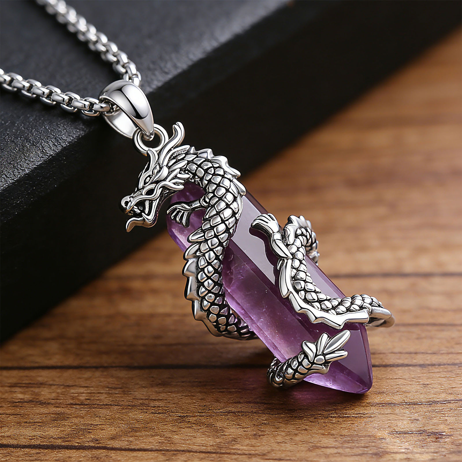 Crystal Pendant Necklace Natural Stone - Eudora Ametist Ejderha Kolye Punk Doğal
