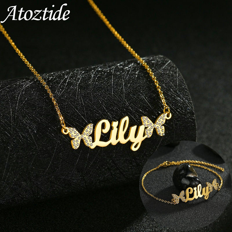 Custom Name Necklace Stainless Steel - Atoztide özelleştirilmiş takı seti kolye zirkon