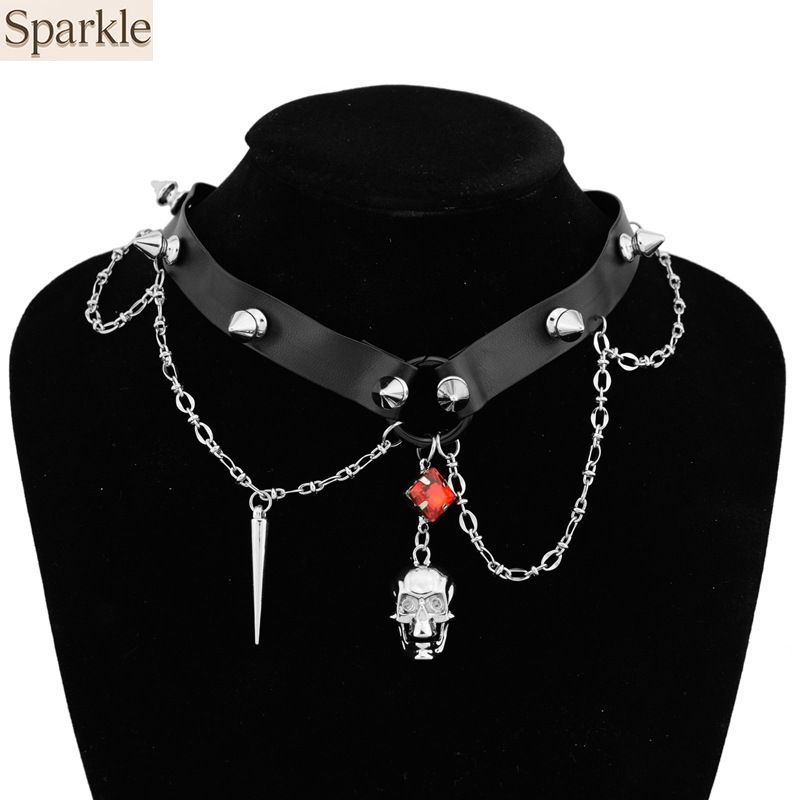 Goth Punk Spike Choker - Koyu Kafatası Deri Gerdanlık, Y2K Ağır