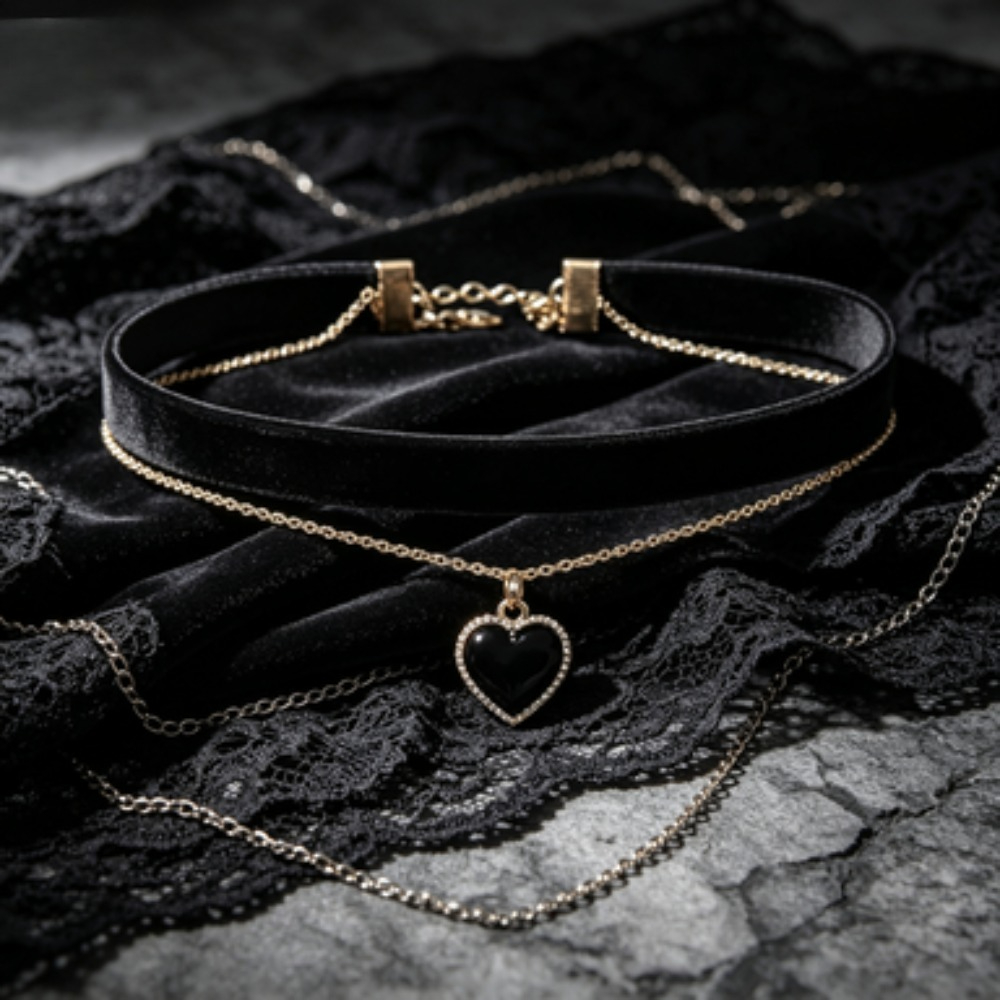 Layered Pendant Necklace Aesthetic - Çok Katmanlı Siyah Şeftali Kalp Kolye,