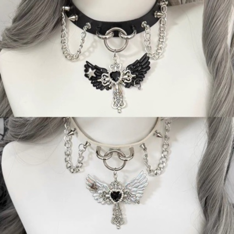 Layered Pendant Necklace Aesthetic - Gotik Alt Kültür Melek Kanadı Çapraz